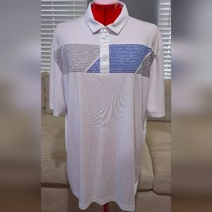 Men's White Stay-Dri Polo Shirt with Blue & Black Striped Design On Chest